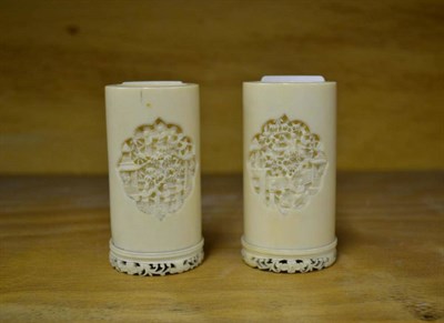 Lot 172 - A Pair of Chinese Export Carved Ivory Small Spill Vases, Canton, circa 1850, of tusk section,...