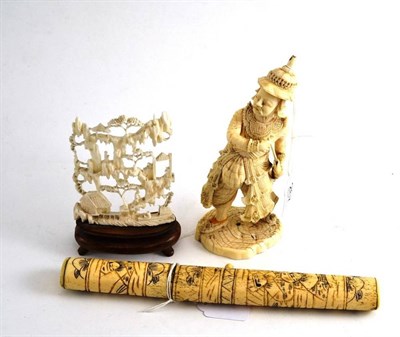 Lot 267 - A late 19th century carved ivory figure of a Samurai warrior, a carved ivory ornament in the...