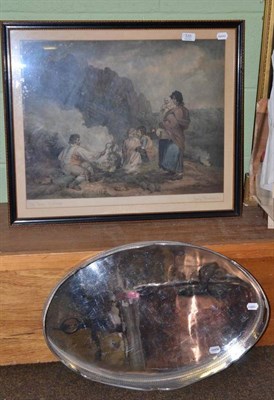 Lot 335 - G.Morland framed figures seated by a hillside and a silver plated oval tray with pierced border and