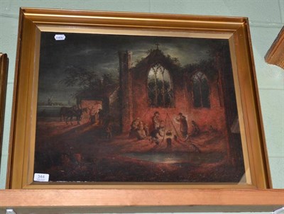 Lot 344 - Framed oil, figures beside a ruined monastery