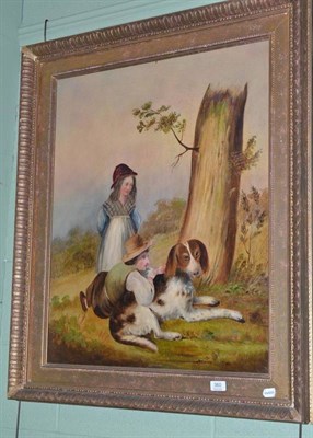 Lot 360 - British Provincial School, Young boy and girl with spaniel, oil on canvas