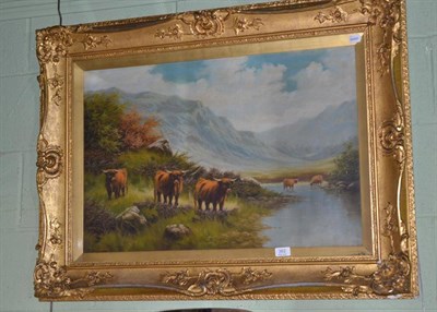 Lot 362 - J Mellieni ? (19th century), Highland cattle watering in a mountainous landscape