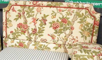 Lot 374 - Upholstered headboard and pair side tables in GP & J Baker printed linen fabric