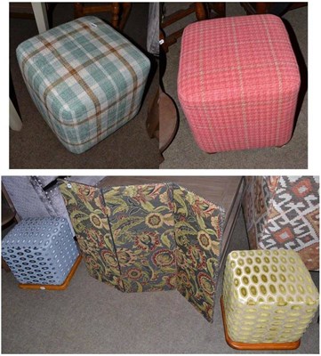 Lot 421 - Four upholstered cube stools and upholstered fire screen