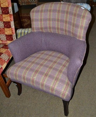 Lot 443 - Occasional chair in purple plain and plaid fabric with dark coloured legs