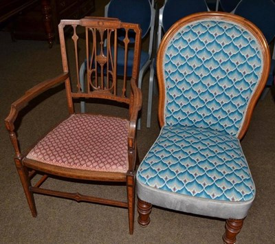 Lot 458 - An inlaid Edwardian open armchair and a Victorian nursing chair with woolwork seat and back