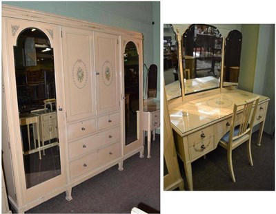 Lot 502 - Early 20th century cream and floral painted wardrobe, stamped Maple & Co, a dressing table and...