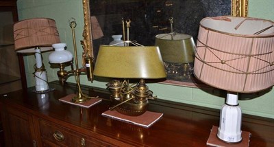 Lot 514 - Brass twin-burner table lamp with tin shade, brass table lamp with white glass shade and two...