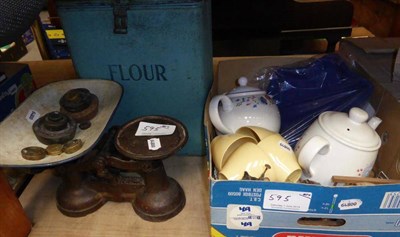 Lot 595 - Assorted ceramics, plated wares, glassware, toys, books, set of weights, flour bin, records etc (in