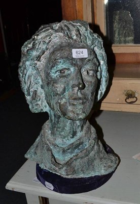 Lot 624 - Hugh Oloff de Wet (1912-1975) ";Kitty";, a green patinated bronze bust with stand