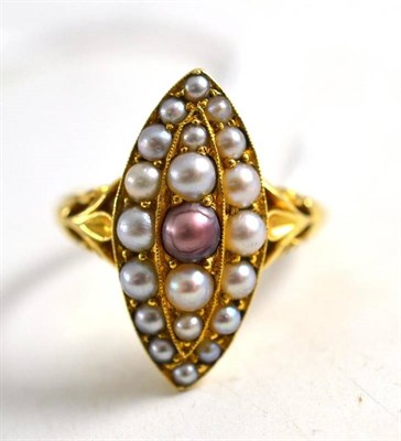 Lot 15 - A split pearl set navette ring