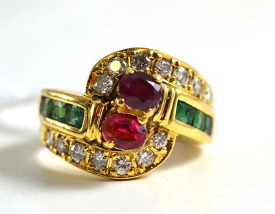 Lot 21 - A diamond, emerald and red stone ring