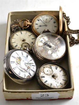 Lot 23 - A silver pair cased pocket watch, movement signed Thos Place, Bedale, three silver pocket...