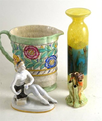Lot 44 - A Crown Ducal large Persian Rose Charlotte Rhead jug, a Clarice Cliff tree trunk vase, a Mdina...
