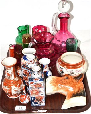 Lot 59 - Three Japanese vases, Crown Devon Fieldings, ceramic champion dog plaque, cranberry glass etc