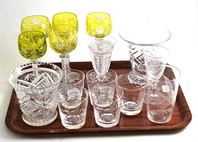 Lot 61 - Tray of glass including five yellow hock glasses, five Cunard steam ship tumblers etc