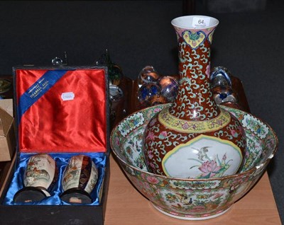 Lot 64 - A large famille rose bowl (a.f.), a tall Chinese vase and a pair of boxed Satsuma vases (one...