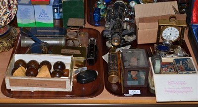 Lot 66 - Two trays of collectables including an indoor bowls set, telescope, level, fountain pen, silver...