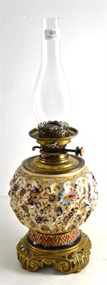 Lot 68 - An oil lamp, with pottery underside stamped Fischer J Budapest