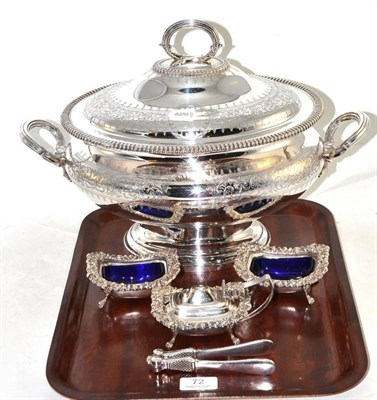 Lot 72 - Silver plate tureen, nut crackers, three piece condiment set and fish servers