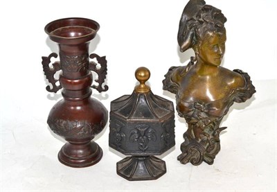 Lot 82 - A cast iron tobacco jar and cover, a Japanese vase and an Art Nouveau bust of a lady