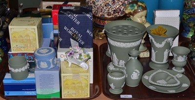 Lot 85 - Two trays of Wedgwood sage green Jasperware, Royal Doulton, Royal Worcester, cheese dome etc