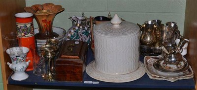 Lot 92 - A shelf of decorative ceramics and silver plate including a Stilton cheese dish, Georgian tea caddy