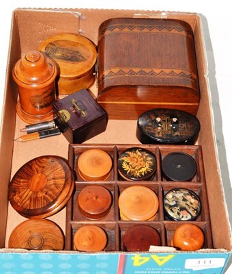 Lot 111 - Nine circular treen go to beds/patch boxes two Mauchline ware boxes, a Japanese snuff box,...