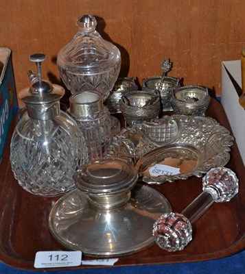 Lot 112 - A silver mounted inkwell, silver bonbon dish, four white metal salts, perfume bottle, small...