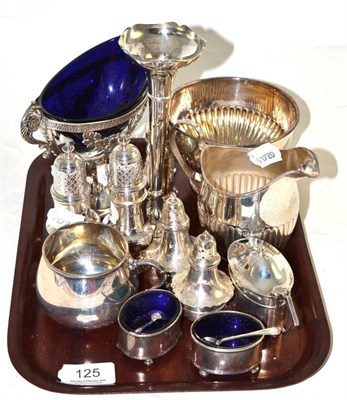Lot 125 - A silver sugar bowl, jug, two pepperettes, cruet set, vase and sugar basket