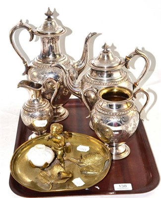 Lot 138 - A silver plated four piece tea service and a Victorian brass inkstand (a.f.)