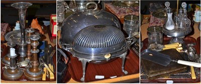 Lot 147 - Three trays of silver plated ware including a meat dome, warming dish, two pairs of...