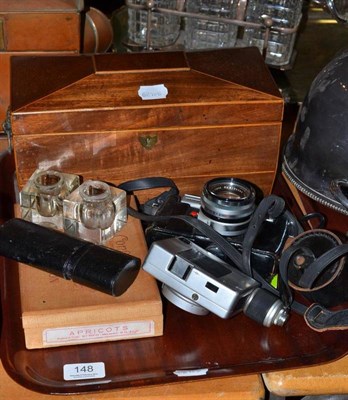 Lot 148 - A Regency tea caddy, a Yashica camera, buttons etc