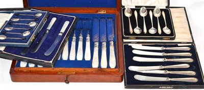 Lot 167 - Six silver teaspoons, six coffee spoons, fish knives and forks (cased) and two sets of tea knives