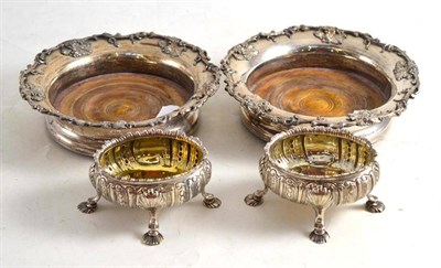 Lot 175 - Pair of plated bottle coasters and a pair of white metal salts