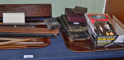 Lot 189 - Four cased technical drawing sets, a quantity of boxwood and other rulers, playing cards etc