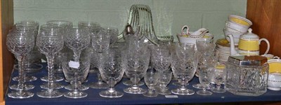 Lot 194 - A shelf of decorative cut glass including a set of eight Stuart hock glasses, biscuit box with...