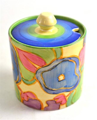 Lot 206 - A Clarice Cliff Blue Chintz pattern preserve jar and cover, printed factory marks, 9.5cm