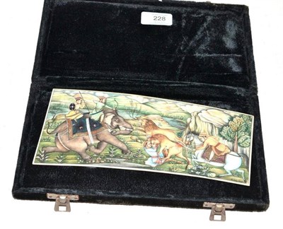 Lot 228 - A Painted Mughal Plaque, circa 1930, on elephant ivory, depicting a horse and elephant hunt for...