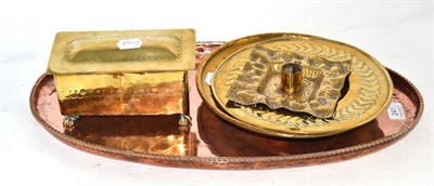 Lot 241 - Hugh Wallis copper tray, brass casket, brass dish, dish signed L.GIBBONS, and a Perry & Co. Son...