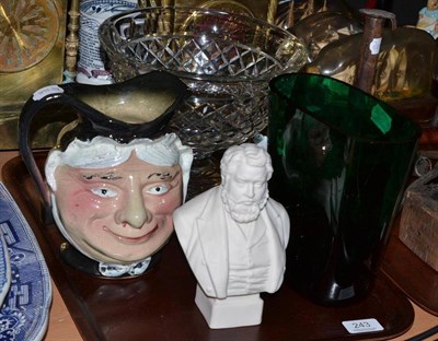 Lot 243 - A Parian bust, reverse marked John Adams Acton, two character jugs, green coloured glass vase and a