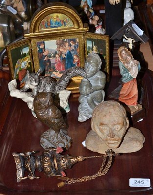 Lot 245 - A Crucifix, a similar smaller, a triptych, a miniature oil lamp, four figures