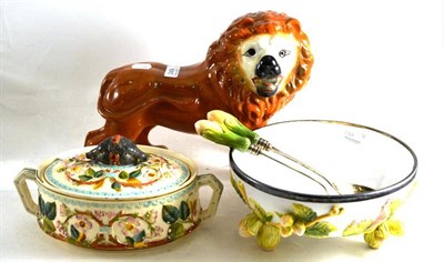 Lot 249 - Victorian Staffordshire lion, Victorian VP & Co game tureen, Victorian salad bowl and servers