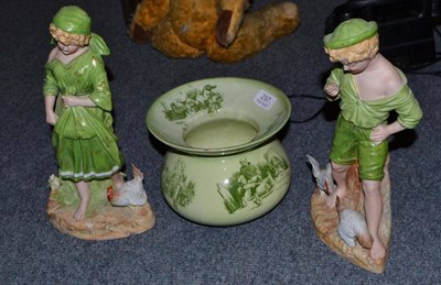 Lot 297 - Pair of bisque figures of young children and a spitoon