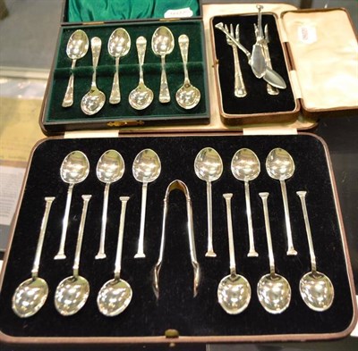 Lot 301 - Cased set of twelve silver teaspoons, another cased set of six, two silver butter knives and...