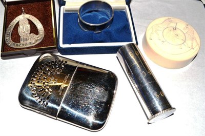 Lot 303 - Cased silver napkin ring, cased silver Saint Georges Chapel medallion, metal foreign pocket warmer
