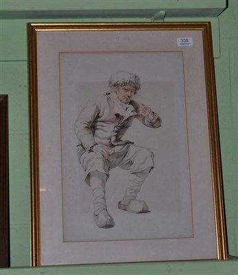 Lot 338 - Gilt framed watercolour in the style of Marie Ten Kate, sketch of a seated man wearing a fur...