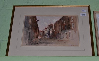 Lot 348 - J.Barrie Haste (1931-2011) Street scene with two figures, signed, pen and ink, watercolour and...