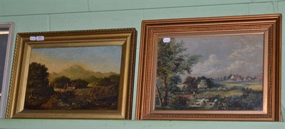 Lot 351 - Oil on canvas, rural landscape with a cottage and another with a girl in a landscape
