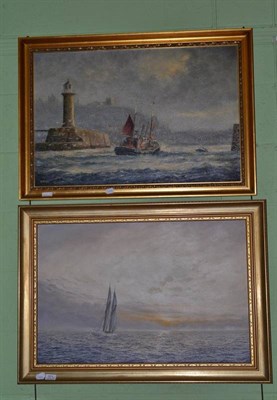 Lot 371 - Jack Rigg (b.1927), Whitby, signed, oil on canvas, together J.S. Waide, a sailboat on the open sea